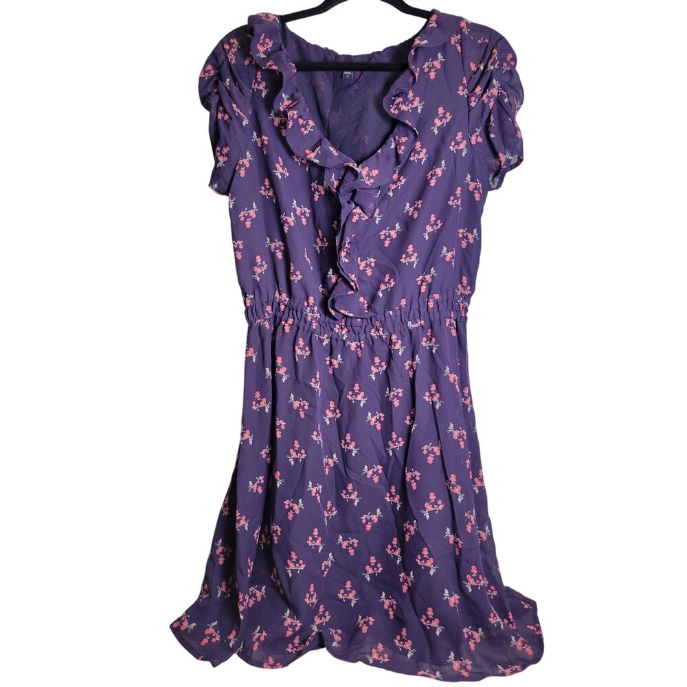 GAP Navy Floral Dress Knee Length Short Sleeves Ruffle Collar Womens size M